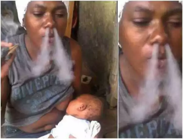 Mother Goes viral As She Was cought Red Handed smoking While breastfeeding her baby  {See viral Photo}